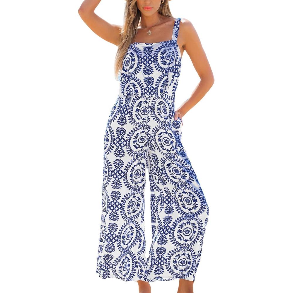 imageCUPSHE Womens Sleeveless Floral Tropical Romper Wrap Ruffles Summer Beach Vacation Camisole Wide Leg Jumpsuit with PocketsBlue