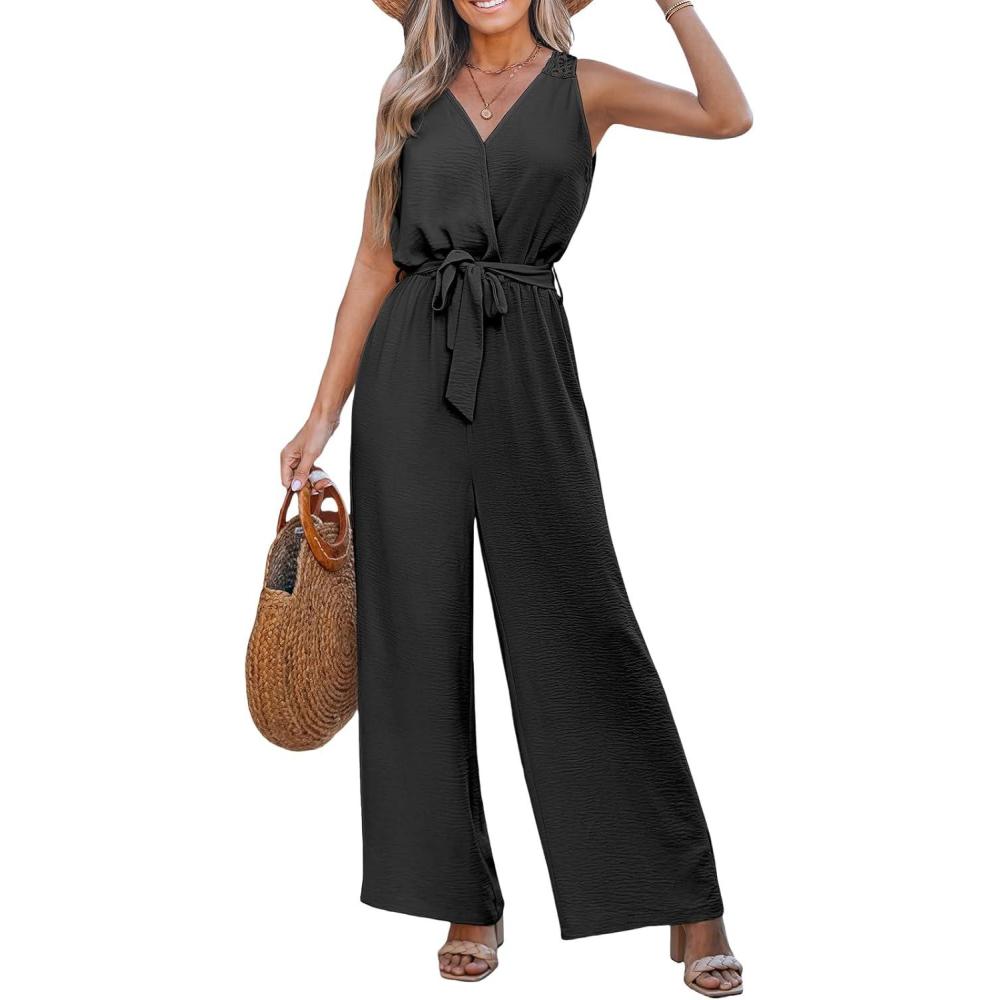 imageCUPSHE Womens Sleeveless V Neck Wrap Tie Front Eyelet Dressy Work Summer Wide Leg Beach Vacation JumpsuitsBlack