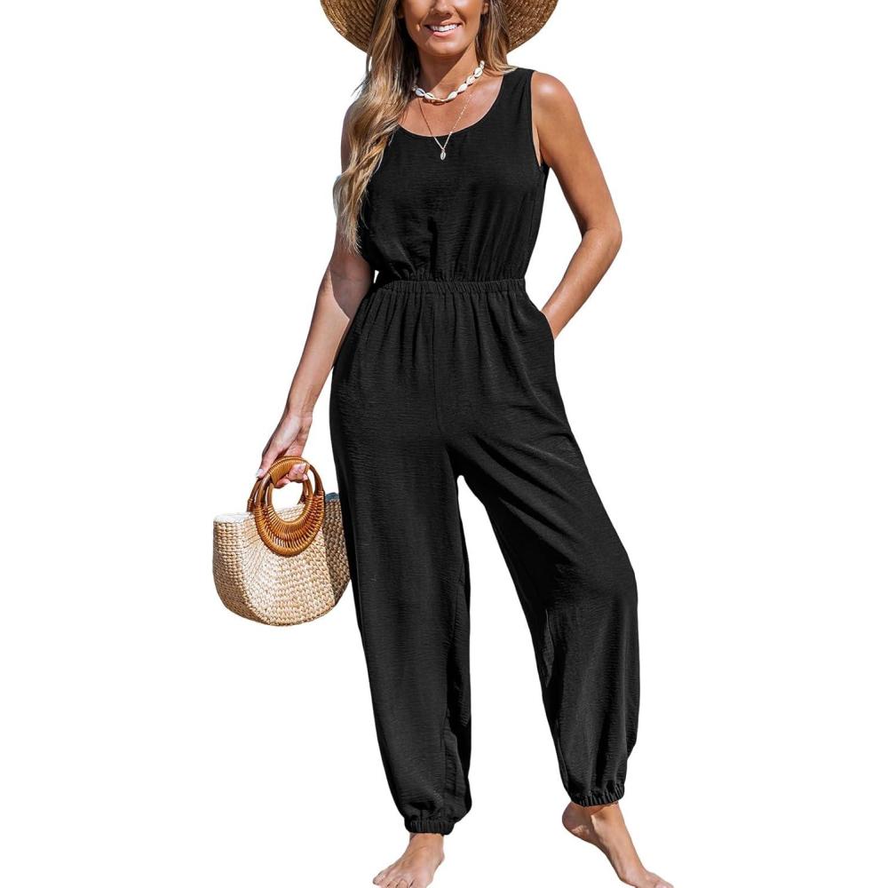 imageCUPSHE Womens Sleeveless Woven Sleeveless Wide Leg Dressy Casual Jumpsuit Beach Vacation OutfitsBlack