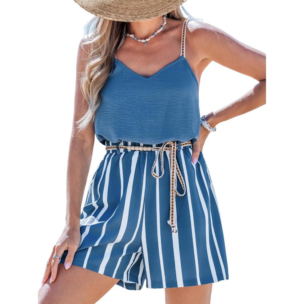 imageCUPSHE Womens Spaghetti Strap Striped Wide Leg Sleeveless Elasticized Waist Straight Leg Beach Vacation JumpsuitsBlue