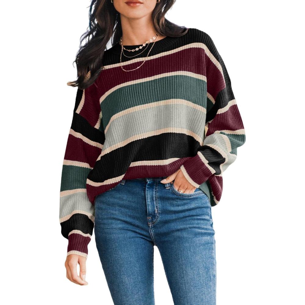 imageCUPSHE Womens Striped Sweaters Crewneck Long Sleeve Colorblock Casual Pullover Sweater TopsBlack