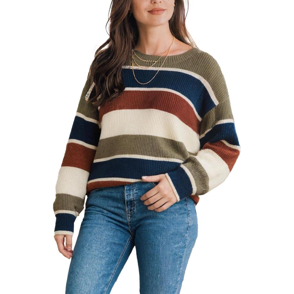 imageCUPSHE Womens Striped Sweaters Crewneck Long Sleeve Colorblock Casual Pullover Sweater TopsGreen