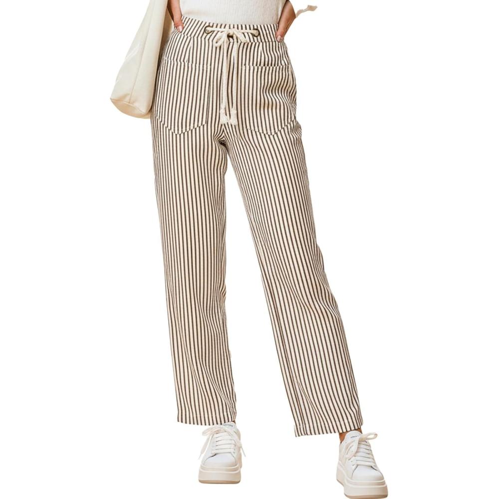 imageCUPSHE Womens Striped Trousers Wide Leg Pinstripe Beach Pants Cute Casual Lounge Pajama Palazzo Pant with PocketsBrown