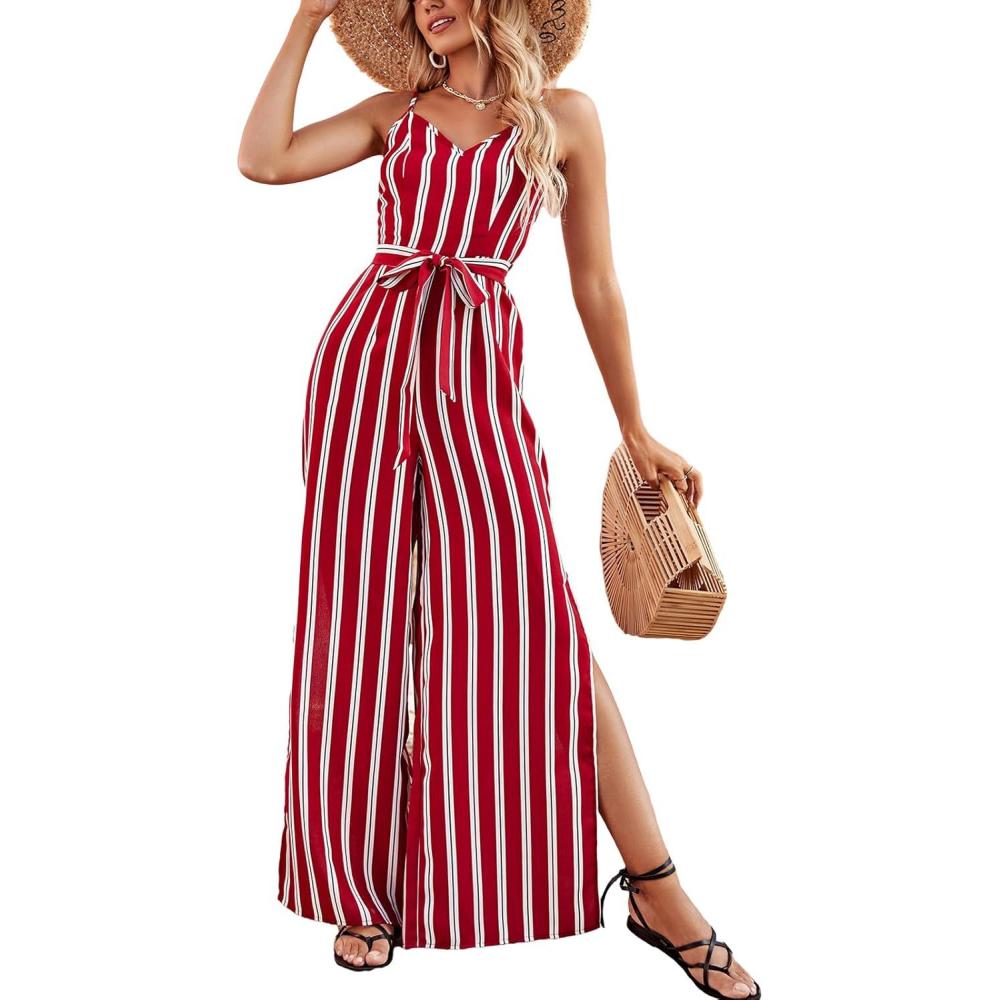imageCUPSHE Womens Stripes Sleeveless Wide Leg Jumpsuit Tie Front Long Pants Rompers Overall OutfitRed