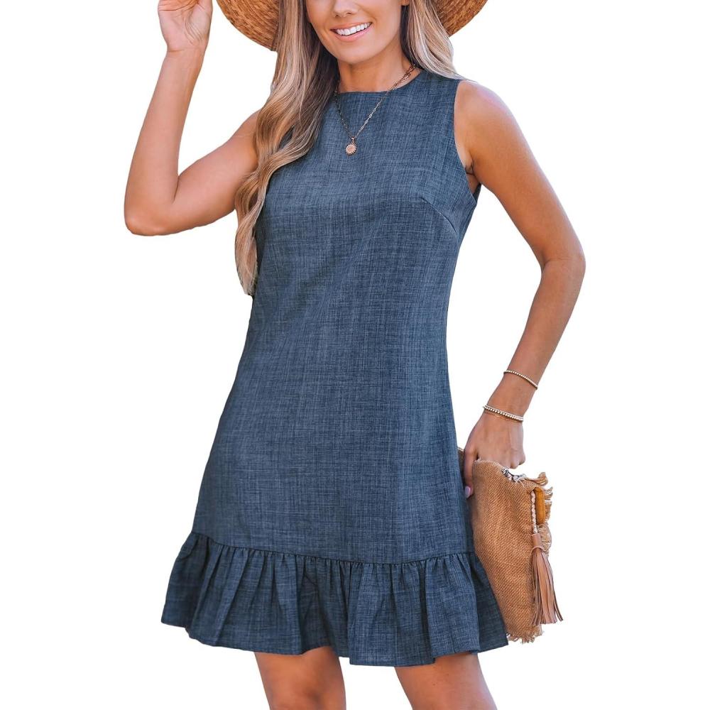 imageCUPSHE Womens Summer Dresses Sleeveless Tie Back High Crew Neck Ruffle Mini Short DressBlue