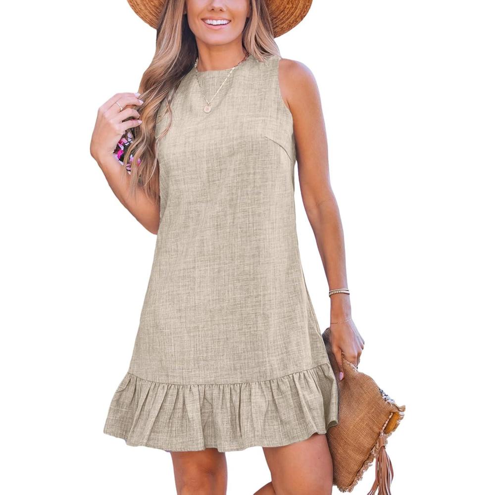 imageCUPSHE Womens Summer Dresses Sleeveless Tie Back High Crew Neck Ruffle Mini Short DressKhaki