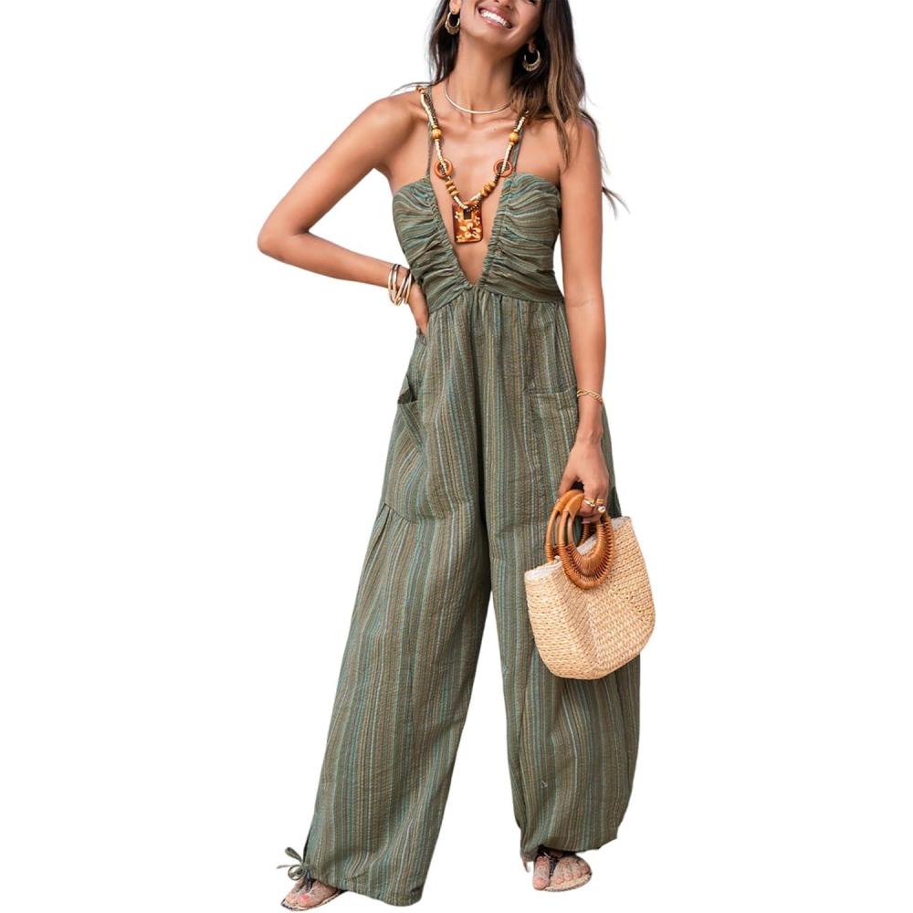 imageCUPSHE Womens Summer Jumpsuit Plunging Halter Sleeveless Striped Casual Dressy Outfit Wide Leg Pockets Maxi OverallDusty Green