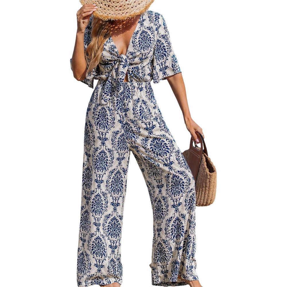 imageCUPSHE Womens Summer Jumpsuit Short Sleeve V Neck Self Tie Tropical Floral Wide Leg Beach Vacation RomperBlue