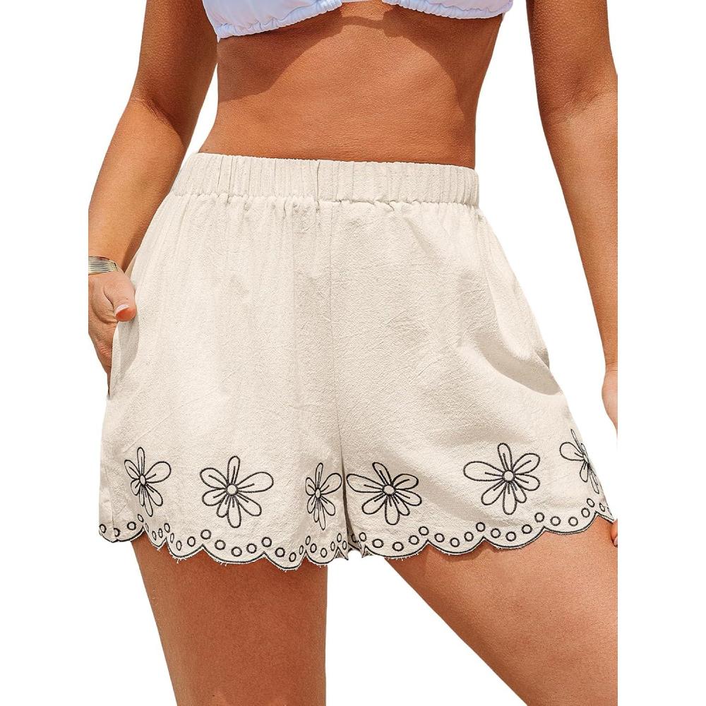 imageCUPSHE Womens Summer Shorts Floral Elastic High Waist Wide Leg Beach Cover Ups Casual Shorts with PocketsBeige