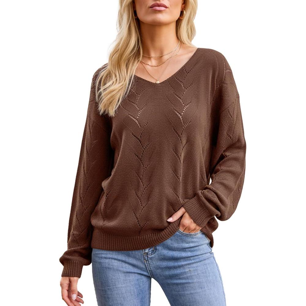 imageCUPSHE Womens Sweater V Neck Long Sleeve Hollow Cable Knit Pullover TopsBbrown