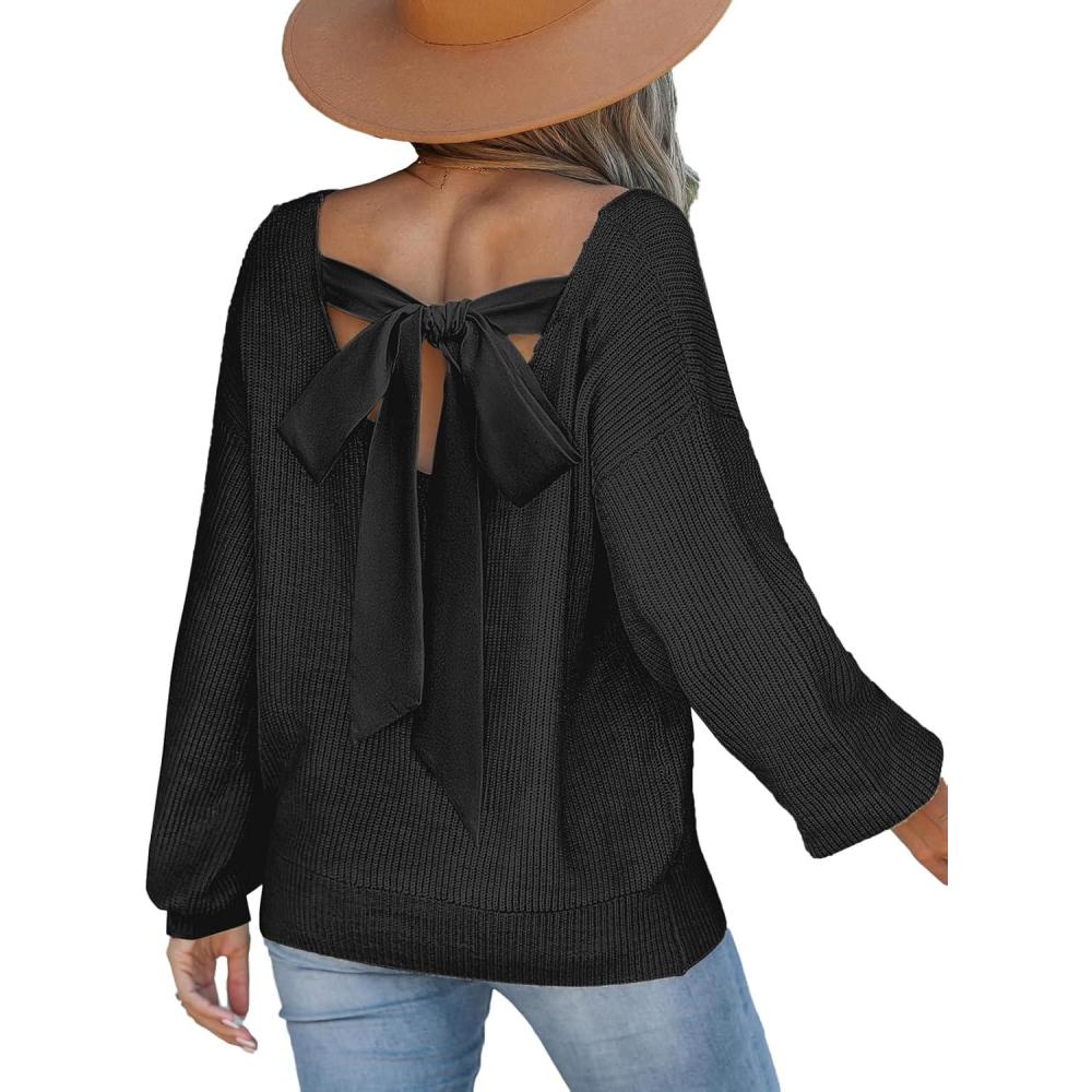 imageCUPSHE Womens Sweaters Bow Back Long Sleeve Sweater V Neck Lightweight Knit Pullover Sweater TopsBlack