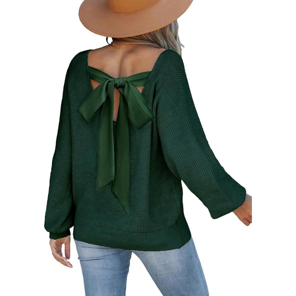 imageCUPSHE Womens Sweaters Bow Back Long Sleeve Sweater V Neck Lightweight Knit Pullover Sweater TopsGreen