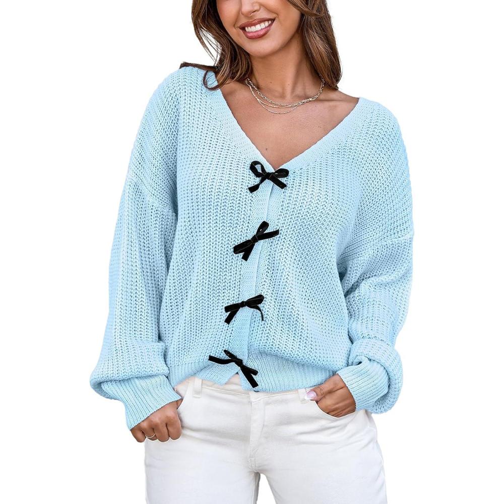 imageCUPSHE Womens Sweaters Bow Sweater Neck Casual Long Sleeve Lightweight Crochet Pullover Sweater TopsLight Blue