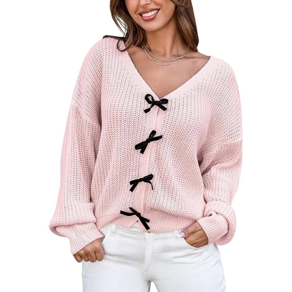 imageCUPSHE Womens Sweaters Bow Sweater Neck Casual Long Sleeve Lightweight Crochet Pullover Sweater TopsPink