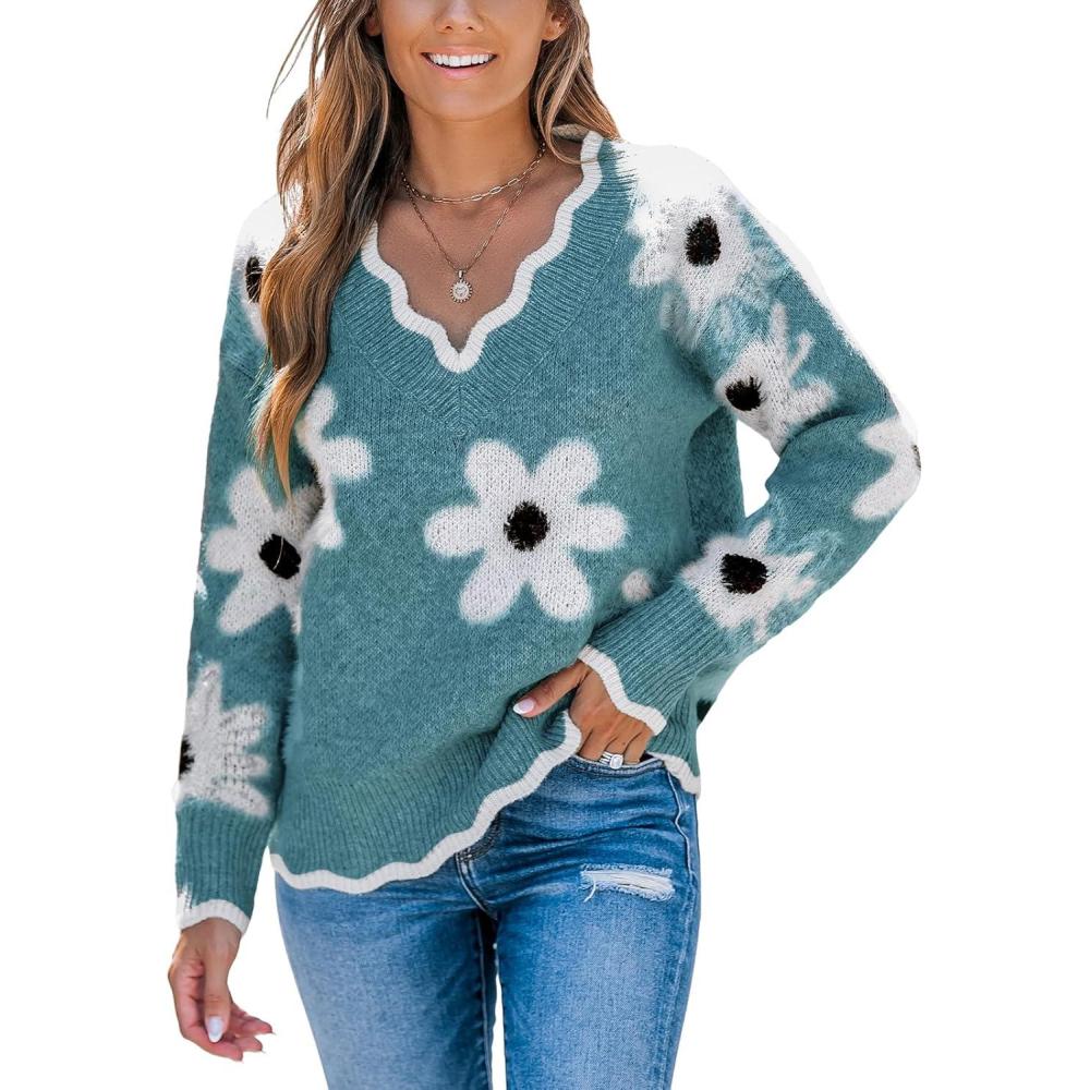 imageCUPSHE Womens Sweaters Long Sleeve Fall Sweater Trendy 2025 Floral V Neck Jumper TopsBlue