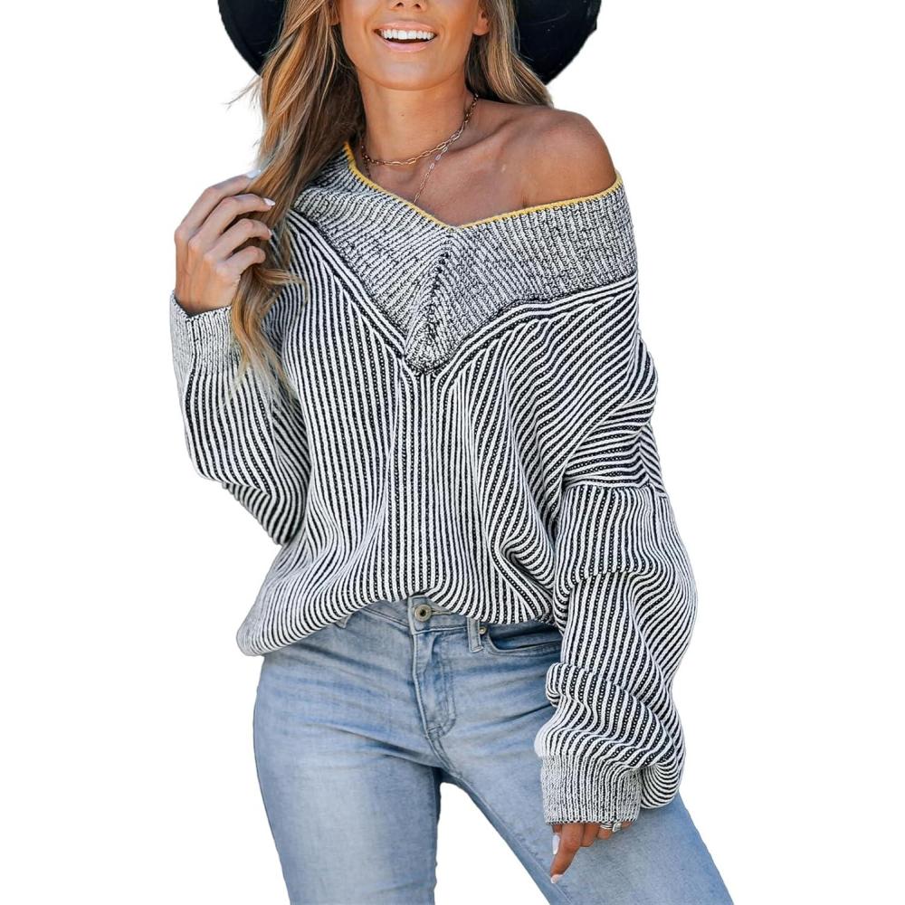 imageCUPSHE Womens Sweaters Oversized Sweater Loose Fit Long Sleeve Sweater V Neck Striped Pullover Sweater TopsBlack  White Stripe