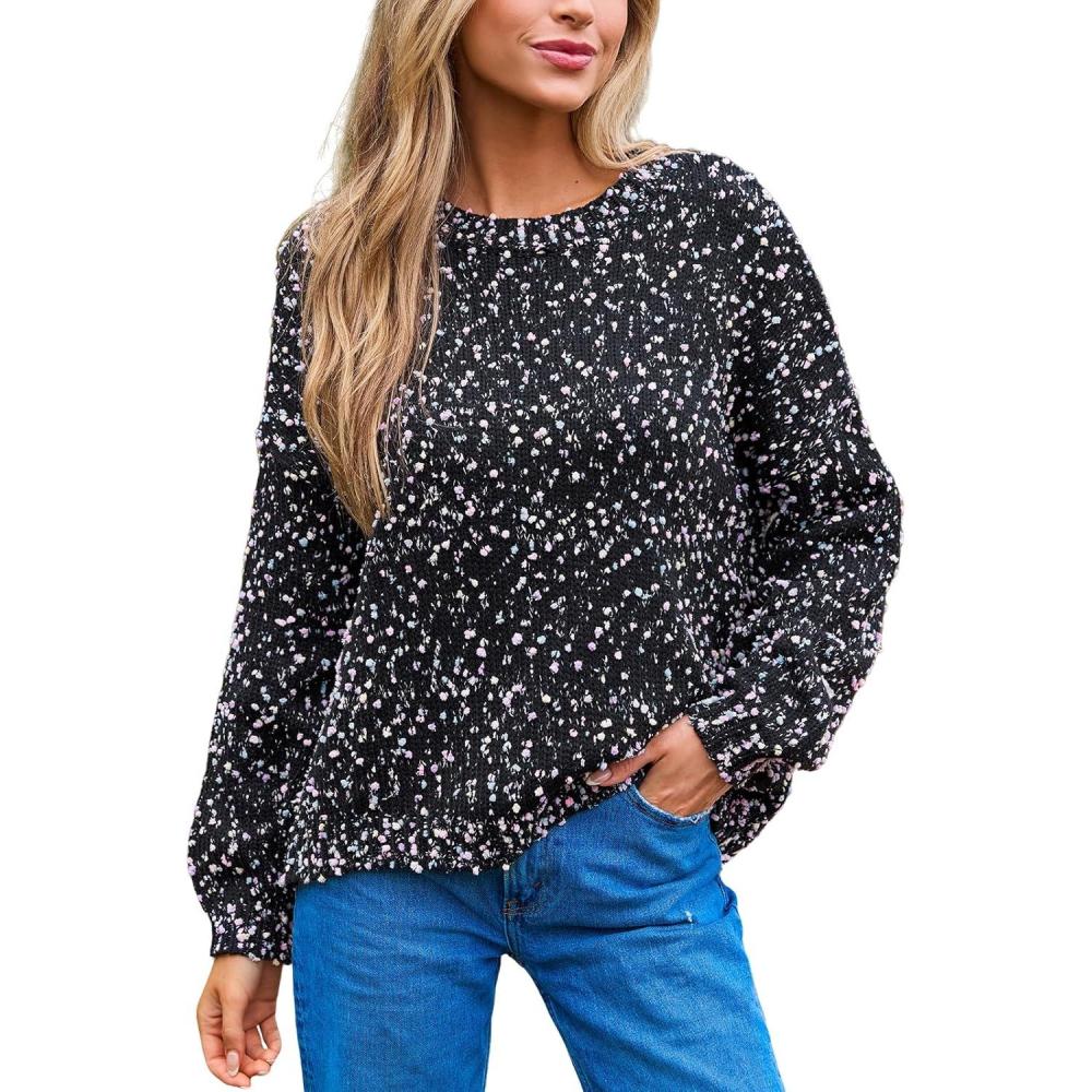 imageCUPSHE Womens Sweaters Rainbow Pom Casual Long Sleeve Ribbed Knit Pullover Sweater TopsBlack