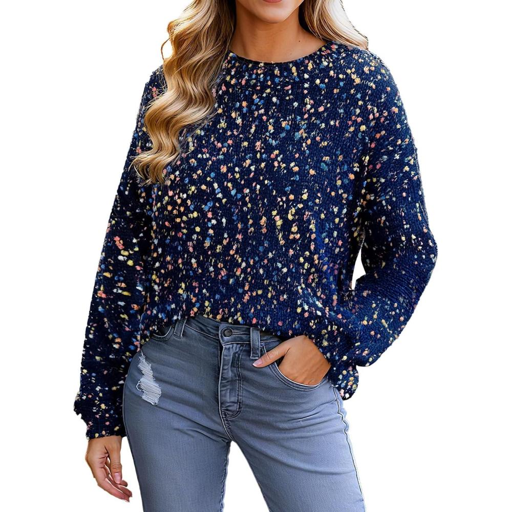 imageCUPSHE Womens Sweaters Rainbow Pom Casual Long Sleeve Ribbed Knit Pullover Sweater TopsNavy