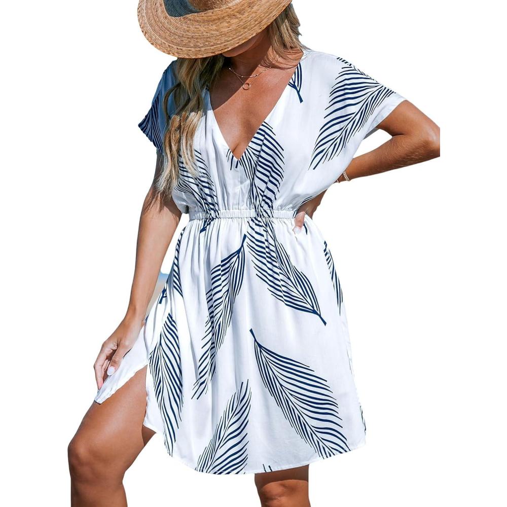 imageCUPSHE Womens Swimsuit Coverup Dress Short Sleeve Casual Summer Printed Beach Cover Ups SundressNavy Leaf