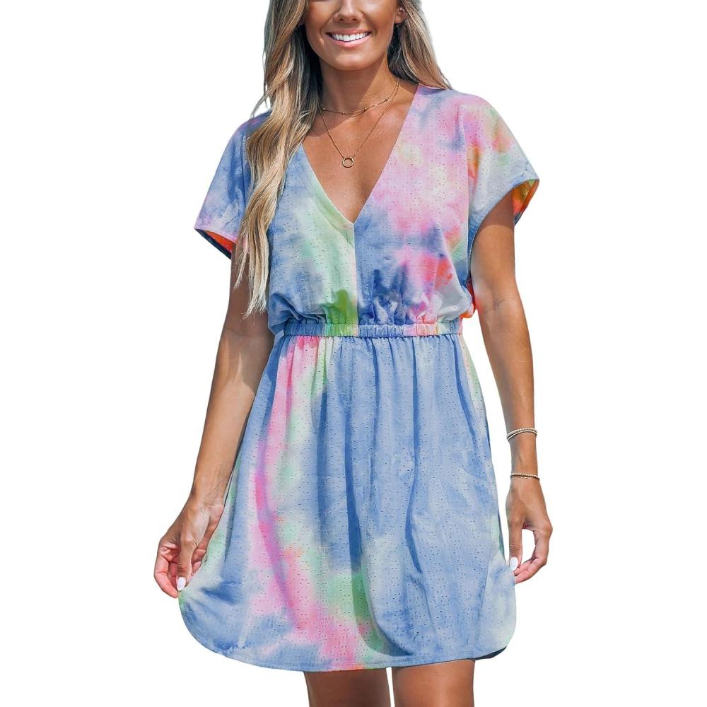 imageCUPSHE Womens Swimsuit Coverup Dress Short Sleeve Casual Summer Printed Beach Cover Ups SundressTie Dye