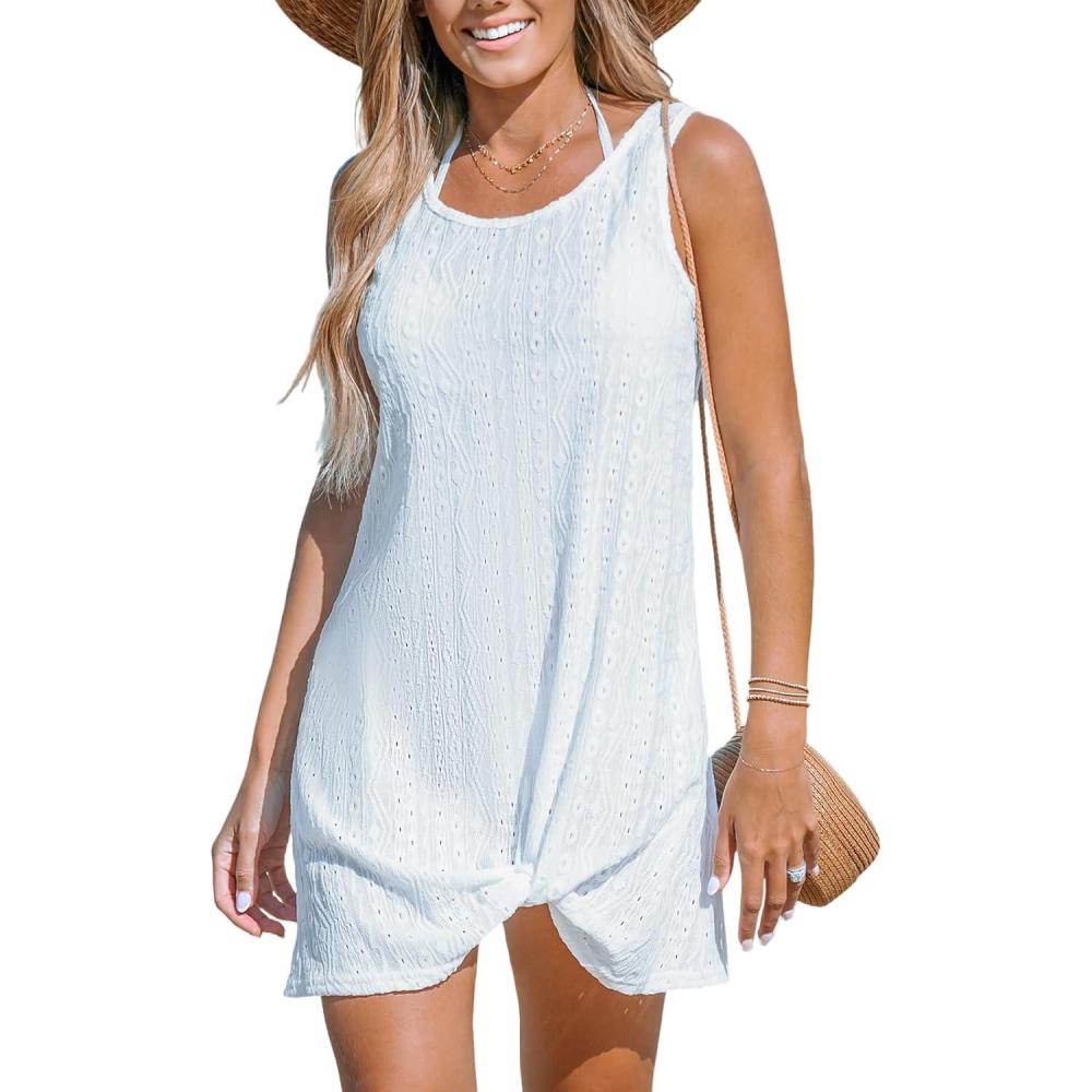 imageCUPSHE Womens Swimsuit Coverup Sleeveless Swimwear Beach Cover Ups Sheer Twisted Basic Tank DressWhite2