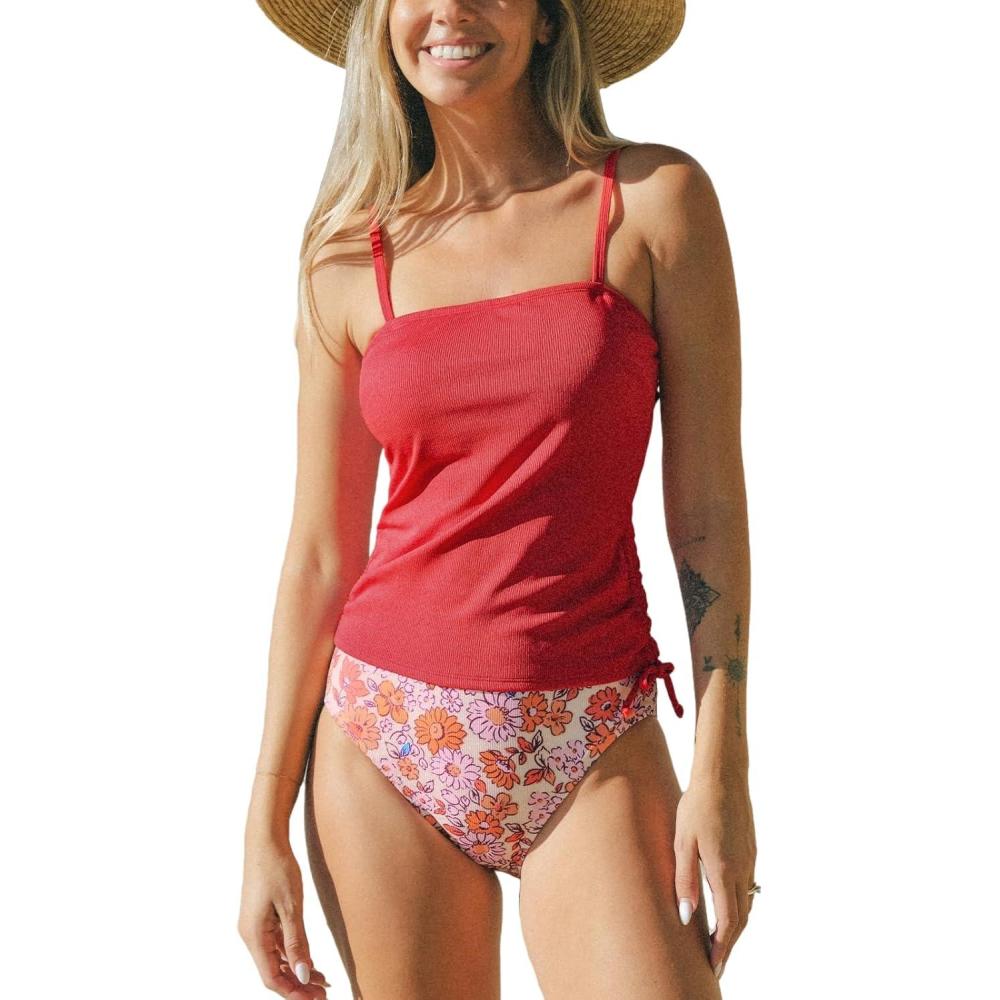 imageCUPSHE Womens Tankini Set Two Piece Swimsuit Ruched Drawstring Bathing Suits with High Waisted Bottom RibRed Floral