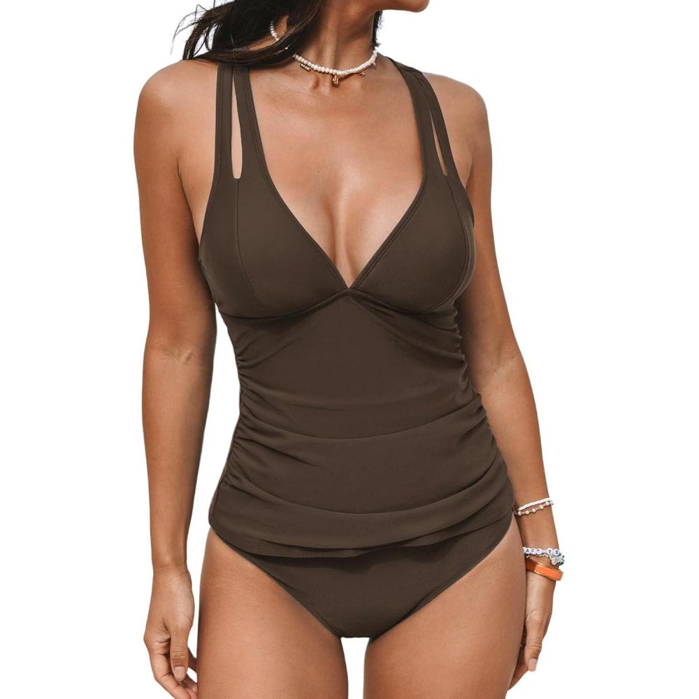 imageCUPSHE Womens Tankini Set V Neck Crisscross Adjustable Straps Cutout Two Piece Swimsuit Mid Rise RuchedDark Brown
