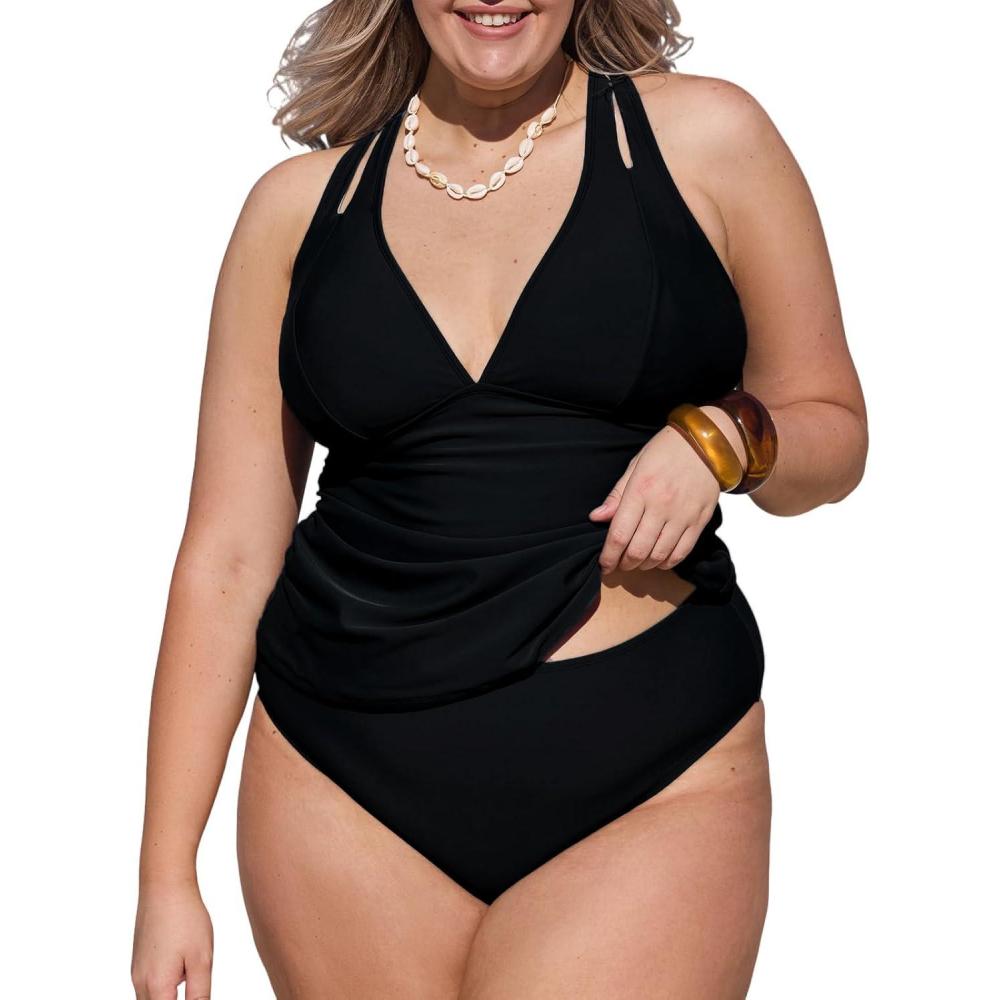 imageCUPSHE Womens Tankini Set V Neck Crisscross Adjustable Straps Cutout Two Piece Swimsuit Mid Rise RuchedPblack