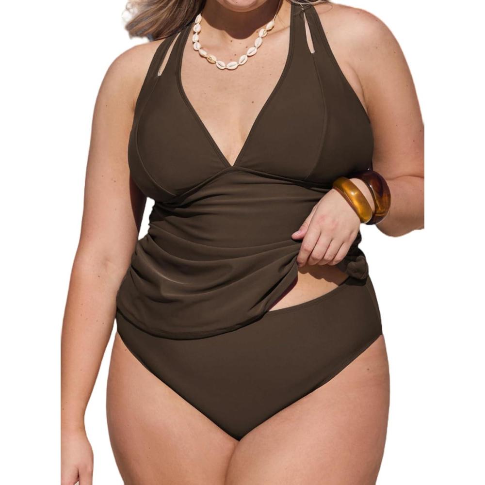 imageCUPSHE Womens Tankini Set V Neck Crisscross Adjustable Straps Cutout Two Piece Swimsuit Mid Rise RuchedPdark Brown