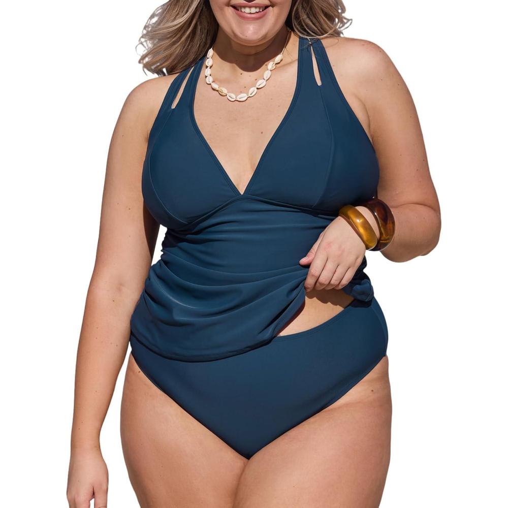 imageCUPSHE Womens Tankini Set V Neck Crisscross Adjustable Straps Cutout Two Piece Swimsuit Mid Rise RuchedPnavy Blue