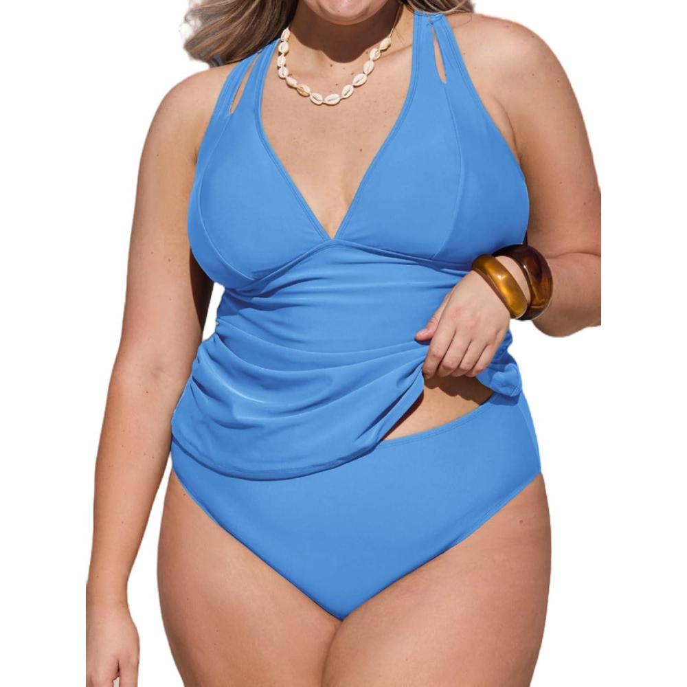 imageCUPSHE Womens Tankini Set V Neck Crisscross Adjustable Straps Cutout Two Piece Swimsuit Mid Rise RuchedPsky Blue