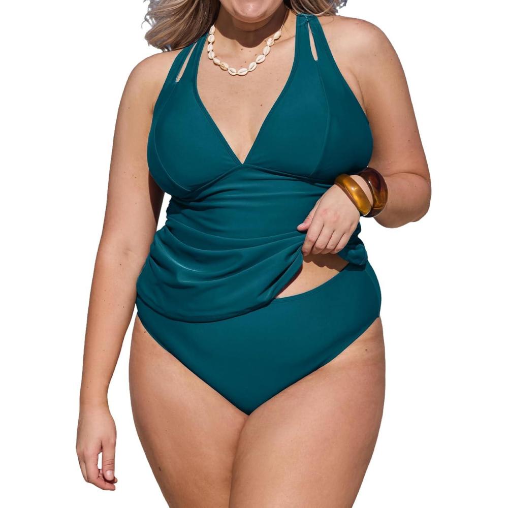 imageCUPSHE Womens Tankini Set V Neck Crisscross Adjustable Straps Cutout Two Piece Swimsuit Mid Rise RuchedPteal