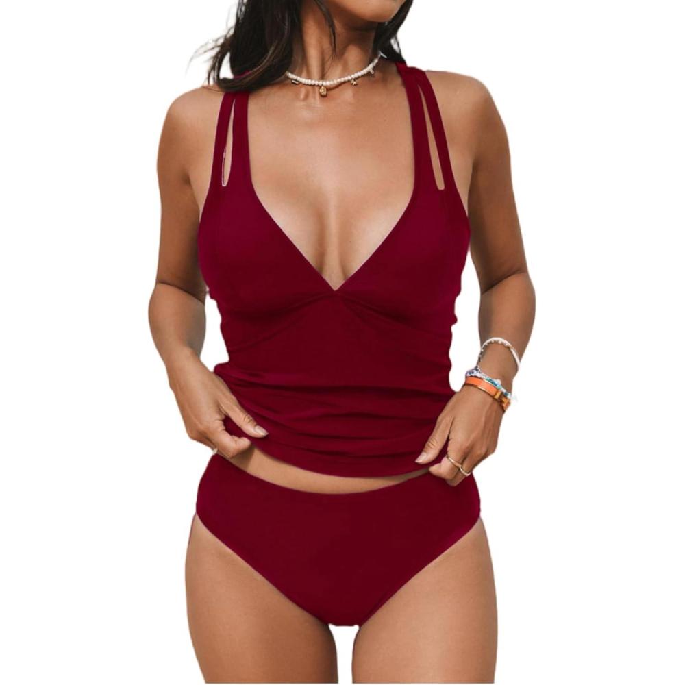 imageCUPSHE Womens Tankini Set V Neck Crisscross Adjustable Straps Cutout Two Piece Swimsuit Mid Rise RuchedRed