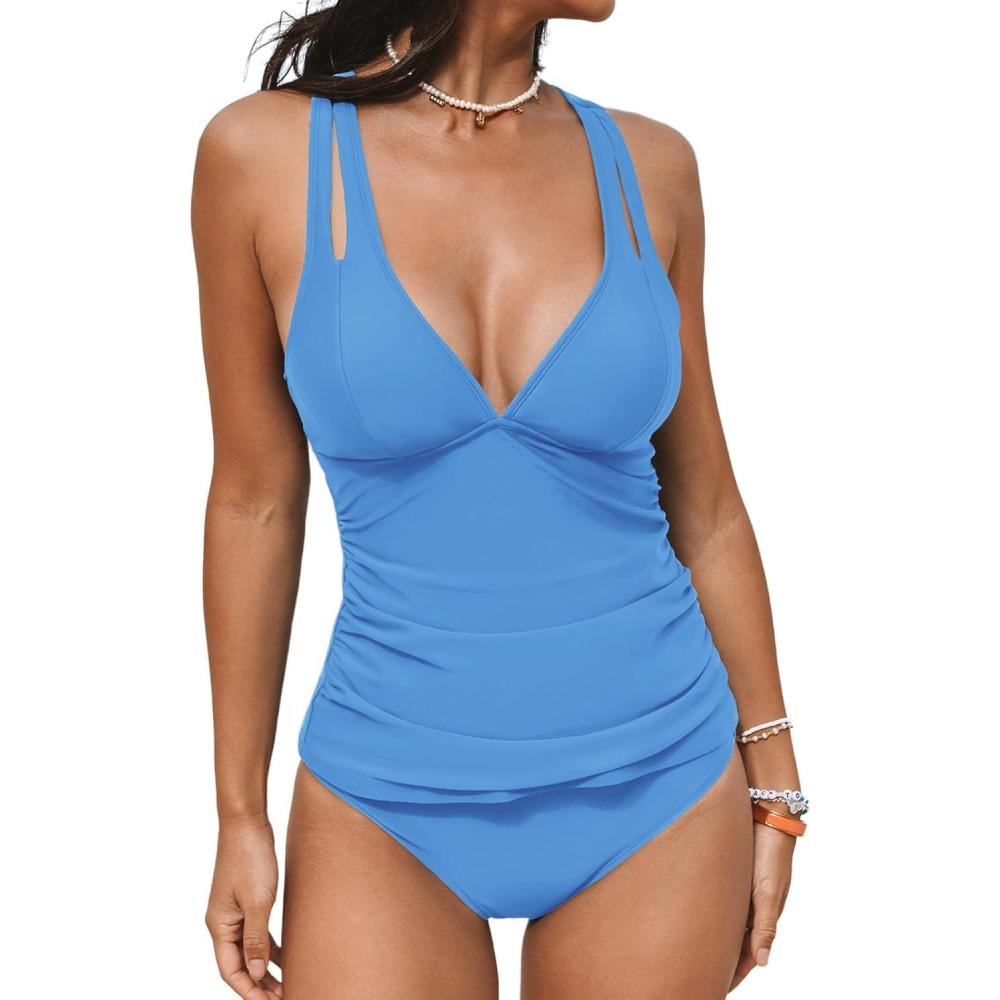 imageCUPSHE Womens Tankini Set V Neck Crisscross Adjustable Straps Cutout Two Piece Swimsuit Mid Rise RuchedSky Blue