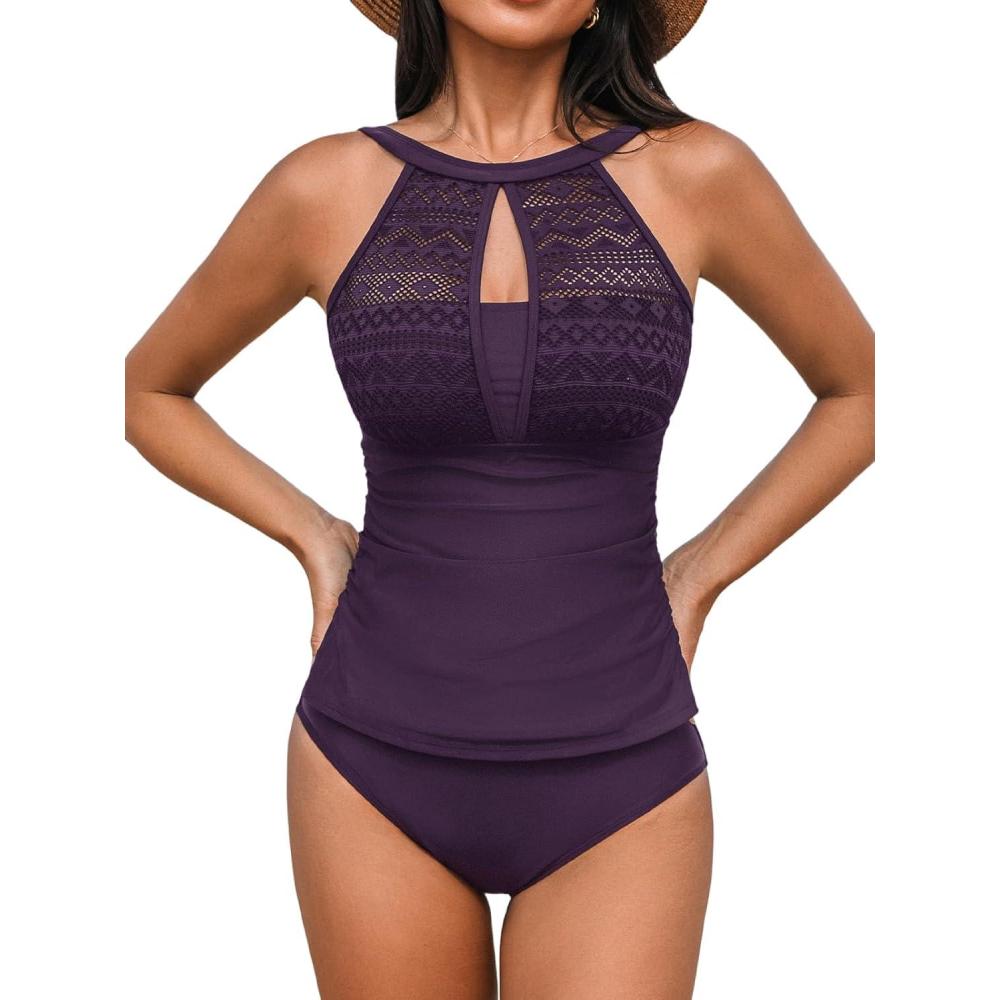 imageCUPSHE Womens Tankini Sets High Neck Mesh Cutouts Two Piece Bathing Suits Adjustable Straps Mid Rise SwimwearDeep Purple