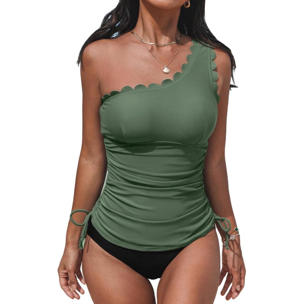 imageCUPSHE Womens Tankini Sets One Shoulder Scalloped Neck Two Piece Bathing Suit Side Tie Ruched SwimsuitOlive GreenBlack