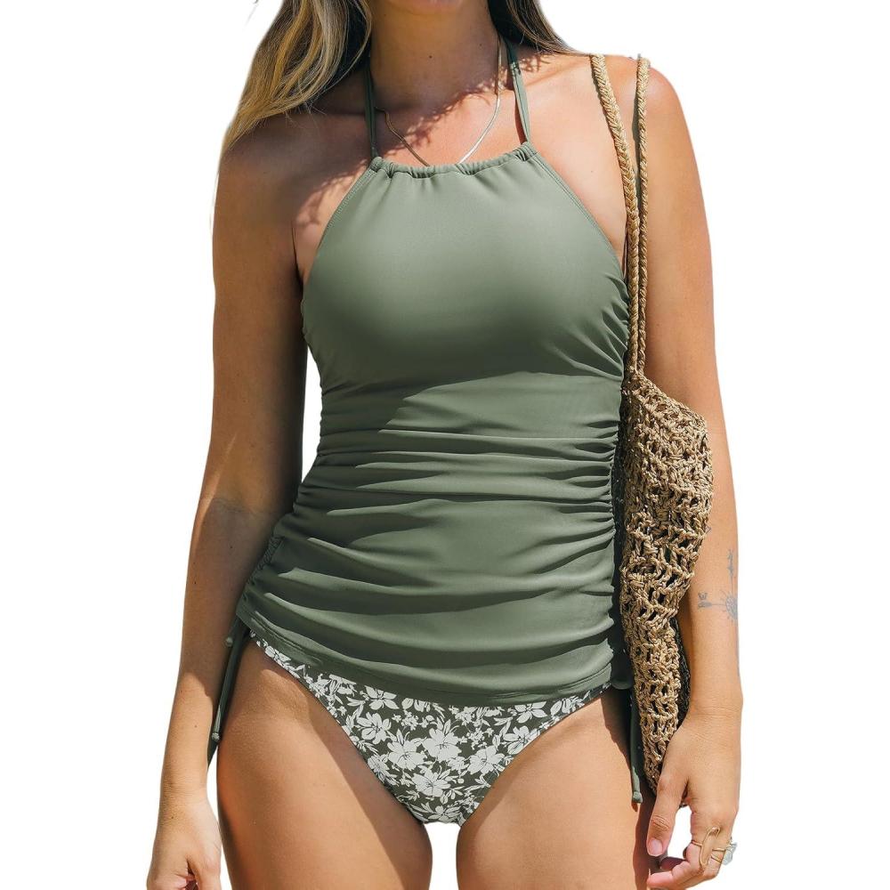 imageCUPSHE Womens Tankini Sets Two Piece Swimsuit High Neck Halter Mid Rise Adjustable DrawstringsOlive GreenFloral
