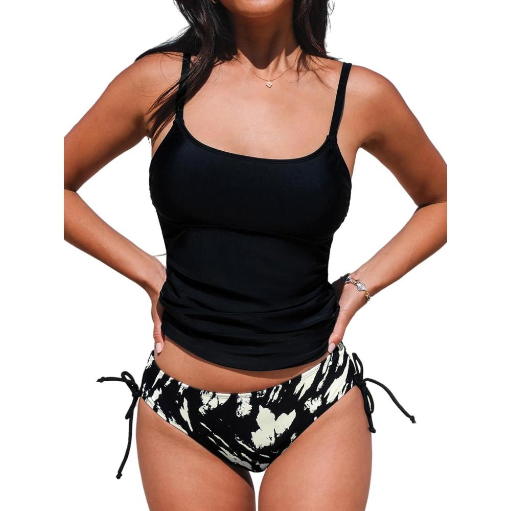 imageCUPSHE Womens Tankini Sets Two Piece Swimsuit Scoop Neck Ruched Adjustable Straps Drawstring Mid RiseBlack