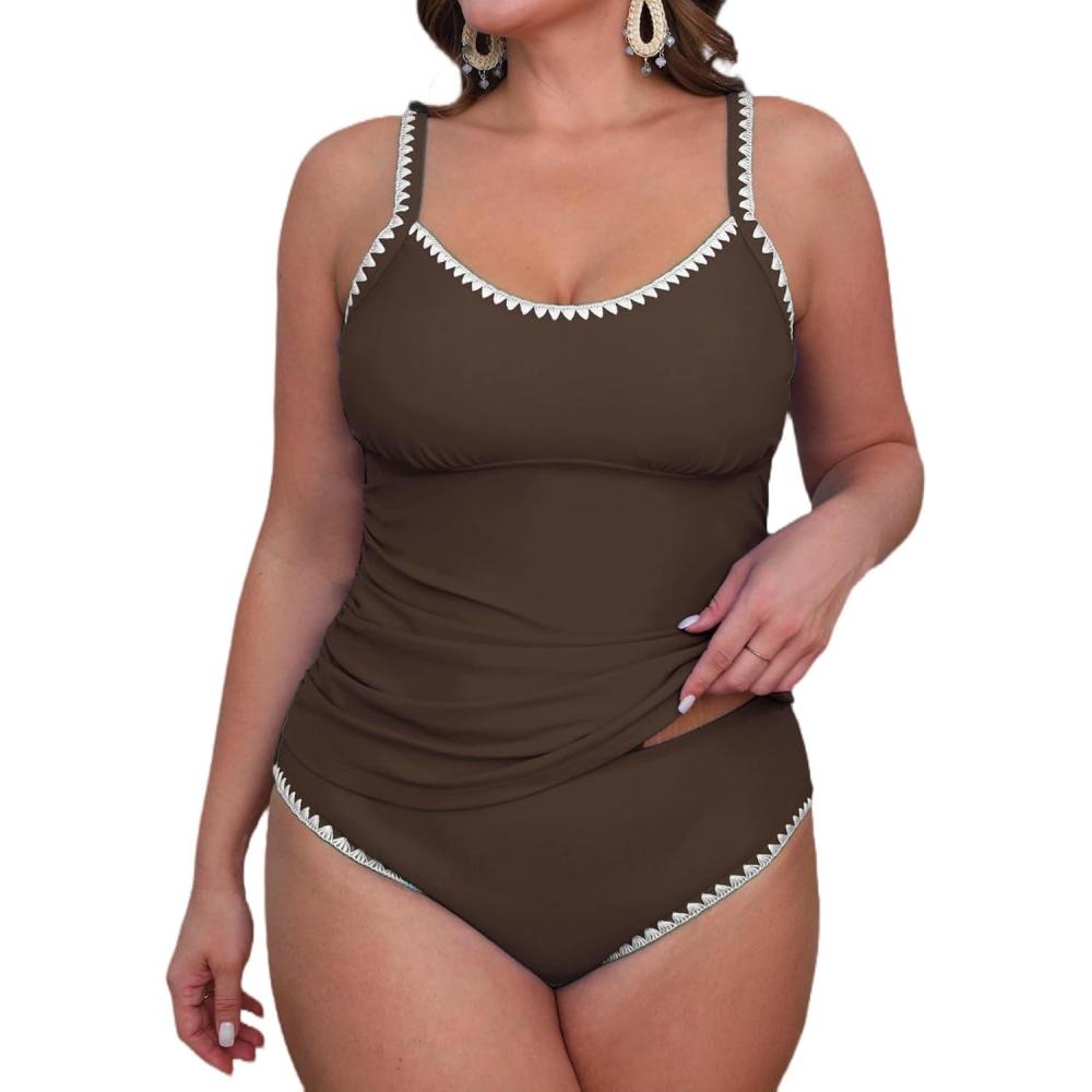 imageCUPSHE Womens Tankini Sets Two Piece Swimsuit Scoop Neck Tummy Control Adjustable Straps Shell StitchedPbrown