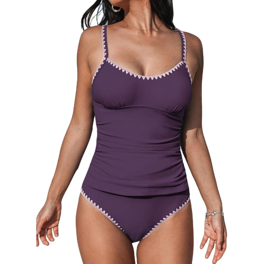 imageCUPSHE Womens Tankini Sets Two Piece Swimsuit Scoop Neck Tummy Control Adjustable Straps Shell StitchedPlum Purple