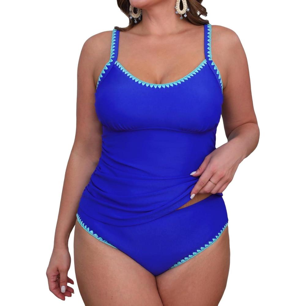 imageCUPSHE Womens Tankini Sets Two Piece Swimsuit Scoop Neck Tummy Control Adjustable Straps Shell StitchedProyal Blue