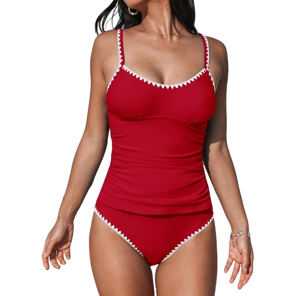 imageCUPSHE Womens Tankini Sets Two Piece Swimsuit Scoop Neck Tummy Control Adjustable Straps Shell StitchedRed