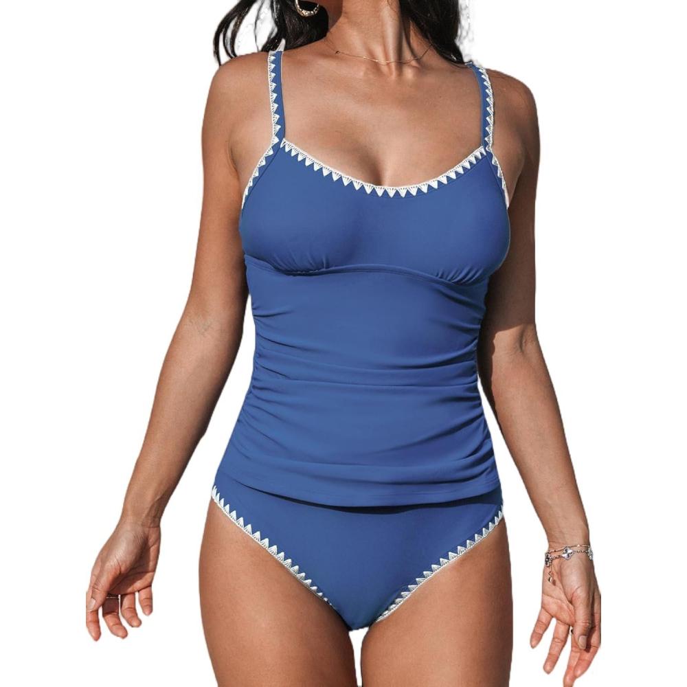 imageCUPSHE Womens Tankini Sets Two Piece Swimsuit Scoop Neck Tummy Control Adjustable Straps Shell StitchedSlate Blue