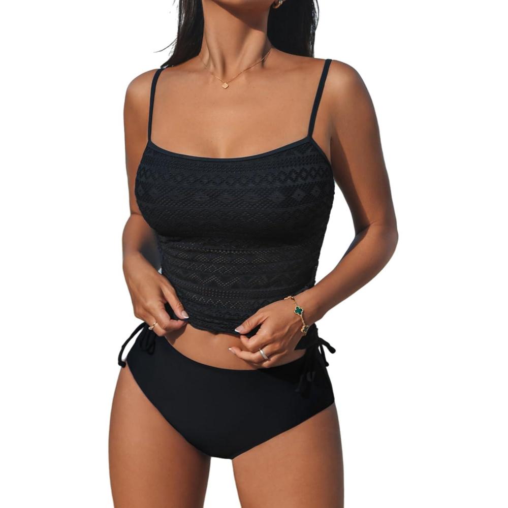 imageCUPSHE Womens Tankini Sets Two Piece Swimsuit Square Neck Mesh Bathing Suit Adjustable Spaghetti Straps DrawstringBlack