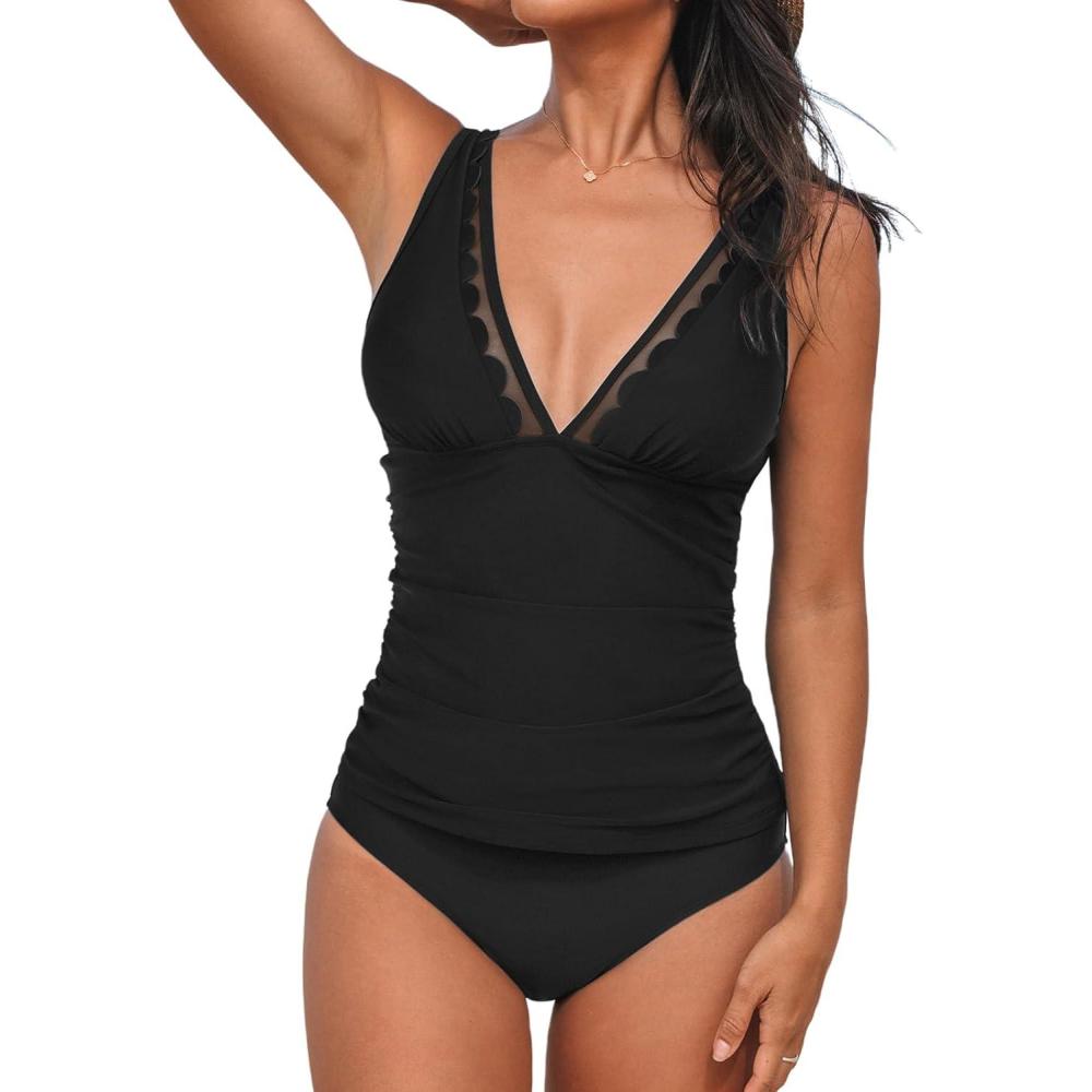 imageCUPSHE Womens Tankini Sets V Neck Mesh Scalloped Two Piece Bathing Suits Adjustable Straps Mid Rise SwimwearBlack