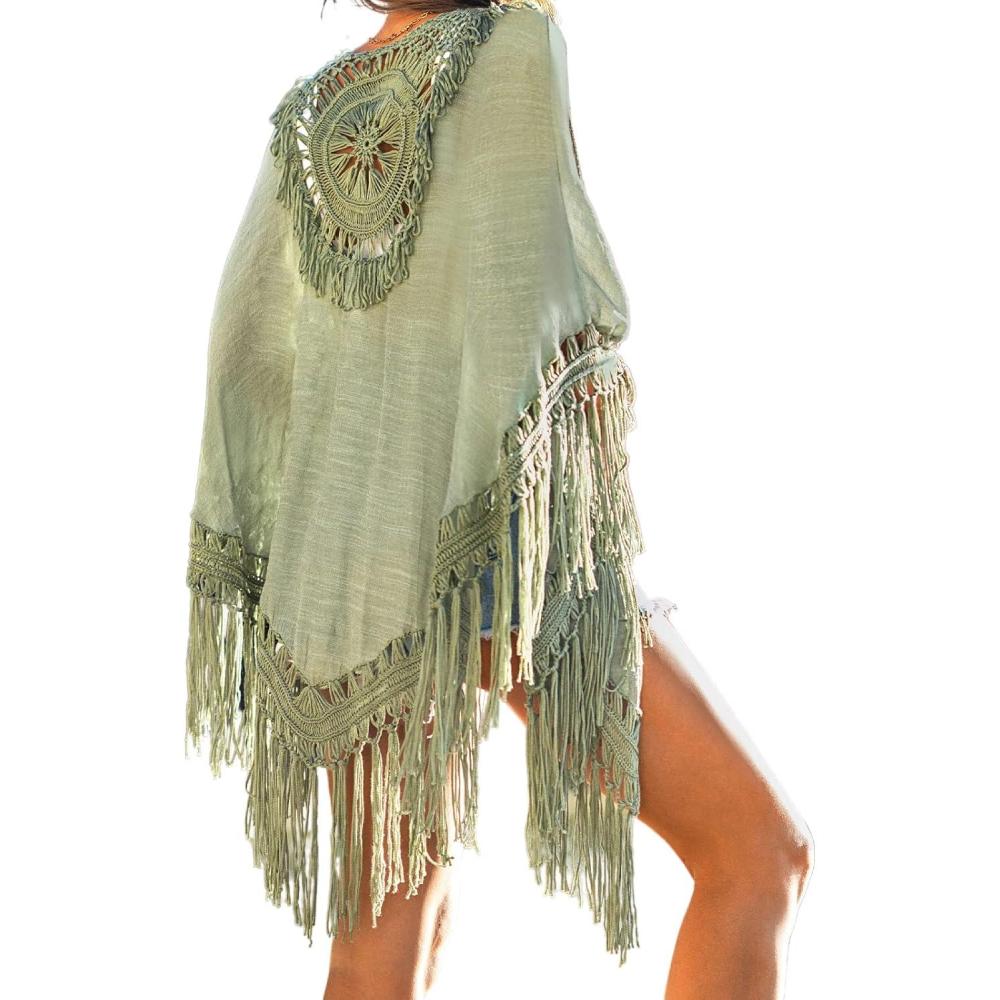 imageCUPSHE Womens Tassel Long Kimono Cardigans Beach Swimsuit Bikini Cover UpGreen