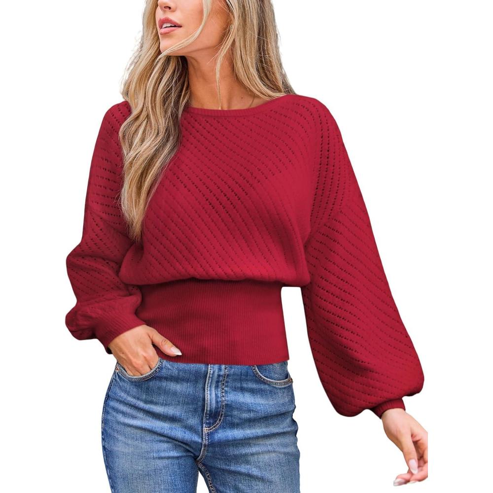 imageCUPSHE Womens Trendy Knit Sweater 2025 Boatneck Puffy Sleeves Cinched Waist Pullover Tops Fall Fashion Casual BlouseRed