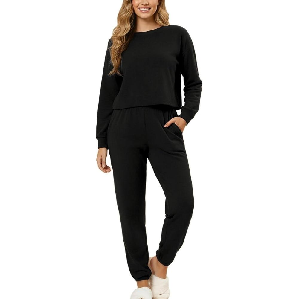 imageCUPSHE Womens Two Piece Outfit Sweatsuits Set Long Sleeve Loungewear Tracksuit Jogger SetBlack