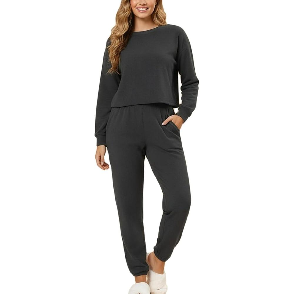 imageCUPSHE Womens Two Piece Outfit Sweatsuits Set Long Sleeve Loungewear Tracksuit Jogger SetDark Grey