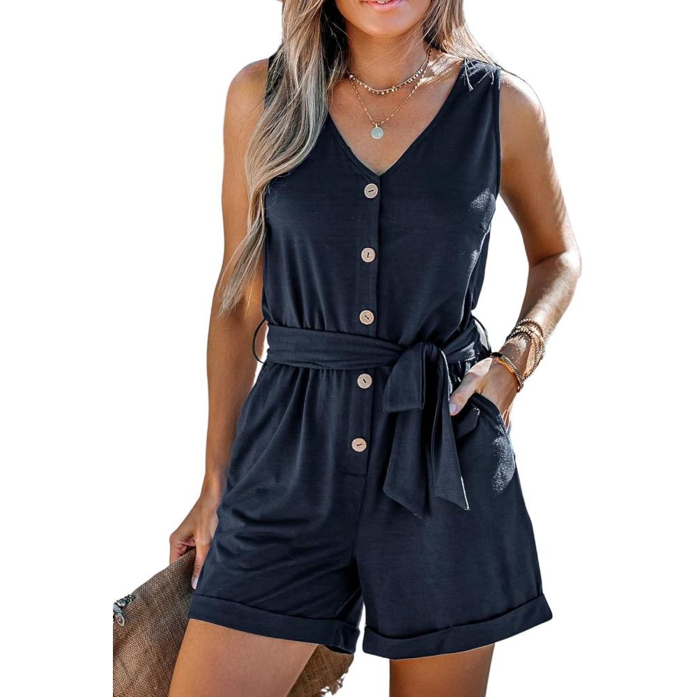 imageCUPSHE Womens V Neck Belted Button Romper Sleeveless Short Jumpsuit Rolled Pants OutfitNavy